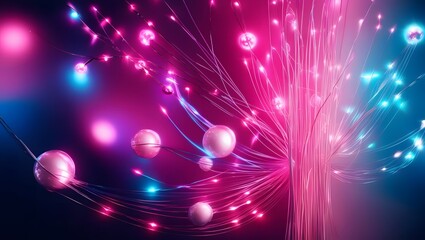 Vivid, neon-lit background featuring a mesmerizing array of aesthetic lights, with glowing orbs, delicate filaments, and shimmering strands that seem to dance and swirl in harmony.