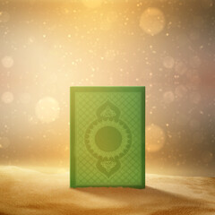 The holy book of Al Quran sitting on desert with abstract bokeh lights background. Muslim holy book