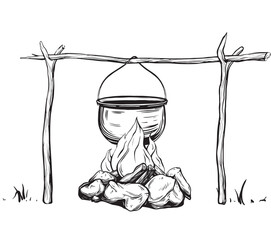 Camping Pot or boiler on Camp Fire with stones vector illustration. Hand drawn touristic Cauldron for travel or hiking in painted by black inks. Drawn equipment for camp cooking in expedition.