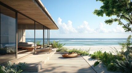Obraz premium Beach house with a balcony view.
