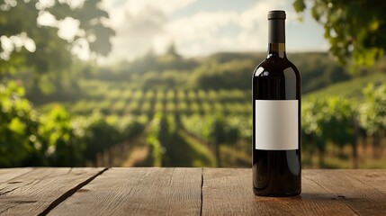 Fototapeta premium Elegant wine bottle mockup with blank label on vineyard background for branding or design.