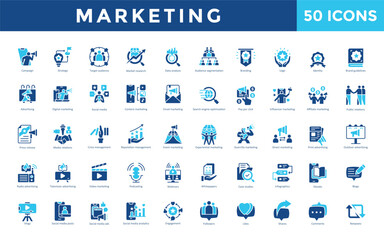 Marketing icon set with campaign, strategy, target audience, market research, data analysis, audience segmentation, branding, logo, identity, brand guidelines icon. Simple flat vector 

