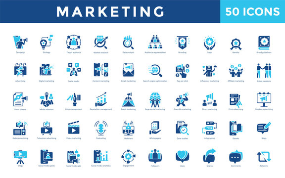 Marketing icon set with campaign, strategy, target audience, market research, data analysis, audience segmentation, branding, logo, identity, brand guidelines icon. Simple flat vector 

