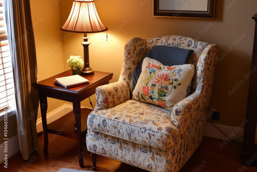 Poster a cozy study room with a comfortable chair and a side table. this setup is perfect for relaxing whil