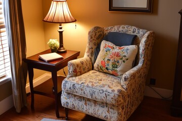 A cozy study room with a comfortable chair and a side table. This setup is perfect for relaxing while reading or studying
