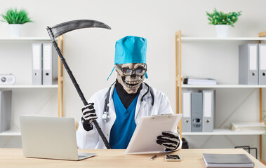 Doctor disguised as Death Reaper. Male surgeon or physician in grim skeleton mask reading disease...
