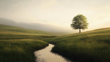 Serene countryside landscape with rolling hills and tranquil stream.