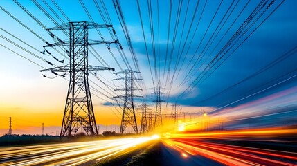A time lapse photograph showcasing the electrifying power grid at night
