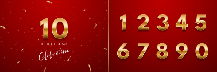 Birthday anniversary golden numbers set template with number 10. Celebration birthday vector background. Gold numbers on red backdrop with confetti for party invitation, greeting card, poster, event.