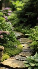 Obraz premium Tranquil garden pathway with stones and lush greenery.