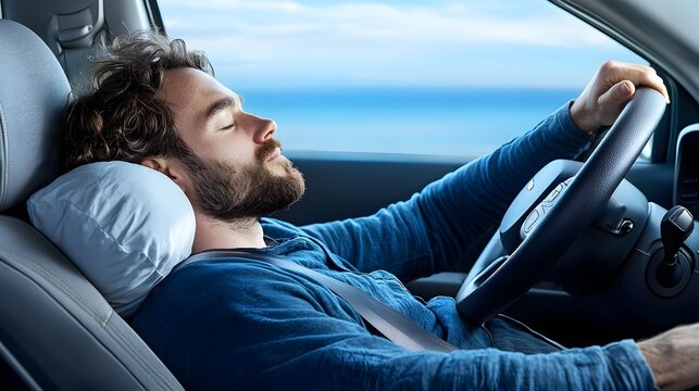 A traveler finding peaceful respite by napping comfortably in the reclined driver s seat of their car using the steering wheel as a makeshift pillow during a road trip or journey
