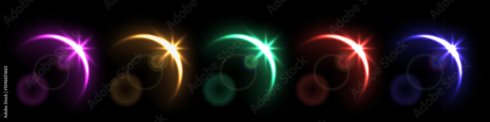 Aufkleber solar eclipse overlay effect on black background vector set. collection of different neon blazing st
