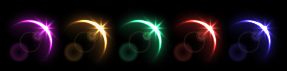 Solar eclipse overlay effect on black background vector set. Collection of different neon blazing star edge behind planet in dark sky or space, sunrise in cosmos.