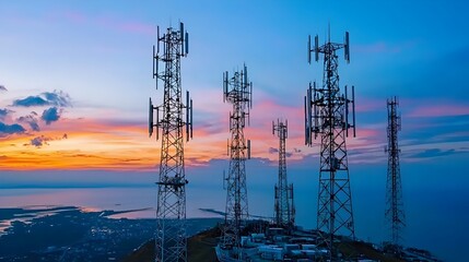 Fototapeta na wymiar Aerial Drone Photograph Showcasing a Network of Cell Towers Stretching Across a Picturesque Coastal Landscape during the Twilight Hours