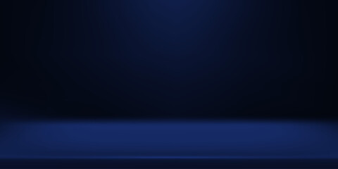 Limbo blue navy background. Abstract dark gradient backdrop. Color wall of studio, room, stand for product display or photo. Modern banner with empty place for advertising text. Vector illustration.
