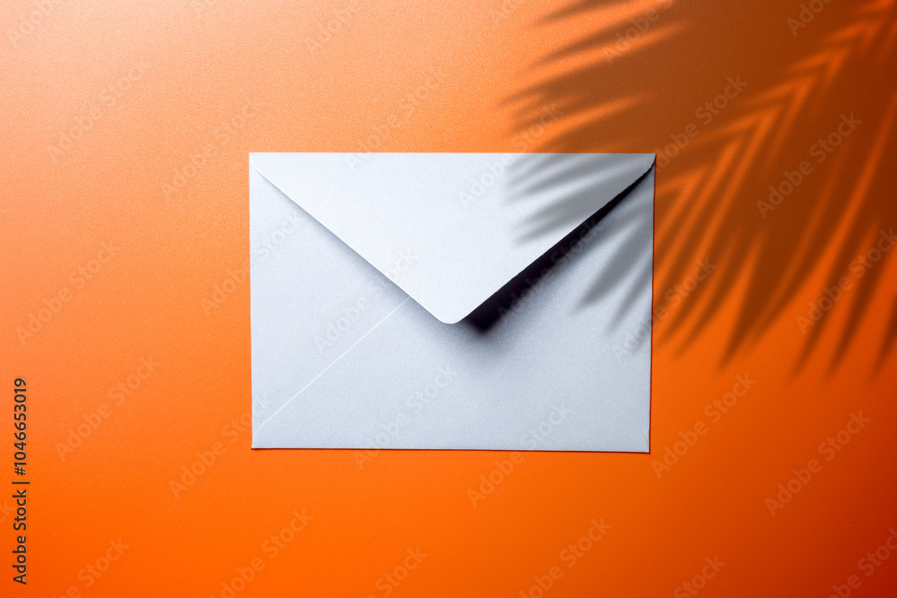 Poster top view of white envelope and postcard on colored background