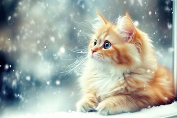Winter wonderland ginger kitten watching snowflakes