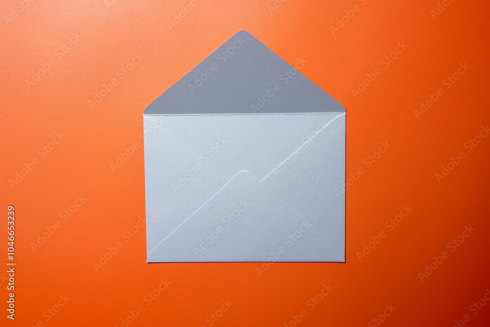 Poster top view of empty blank white envelope and postcard on colored background