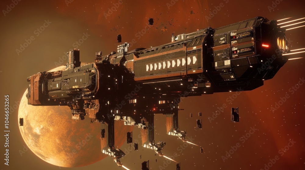 Poster A futuristic spaceship, with a long, sleek design and a powerful engine, flies through space, passing by a red planet.