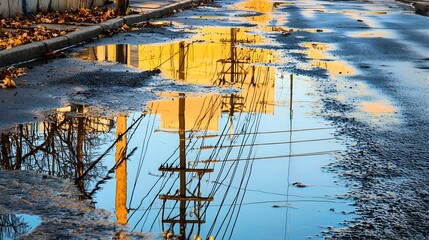 Captivating abstract composition featuring the reflections of power lines in puddles of water after a rain shower  The geometric patterns moody atmosphere