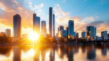 Obraz premium Captivating cityscape skyline with a dramatic flare effect created by the sun peeking through the urban architecture creating a mesmerizing and ethereal atmosphere