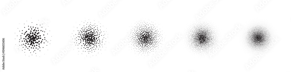 Poster dot grain texture circles vector set. abstract black spheres with gradient stipple pattern, globes w