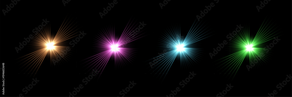 Poster light flashes with sparkle, glare, glint effect isolated on black. different color glow glared abstr