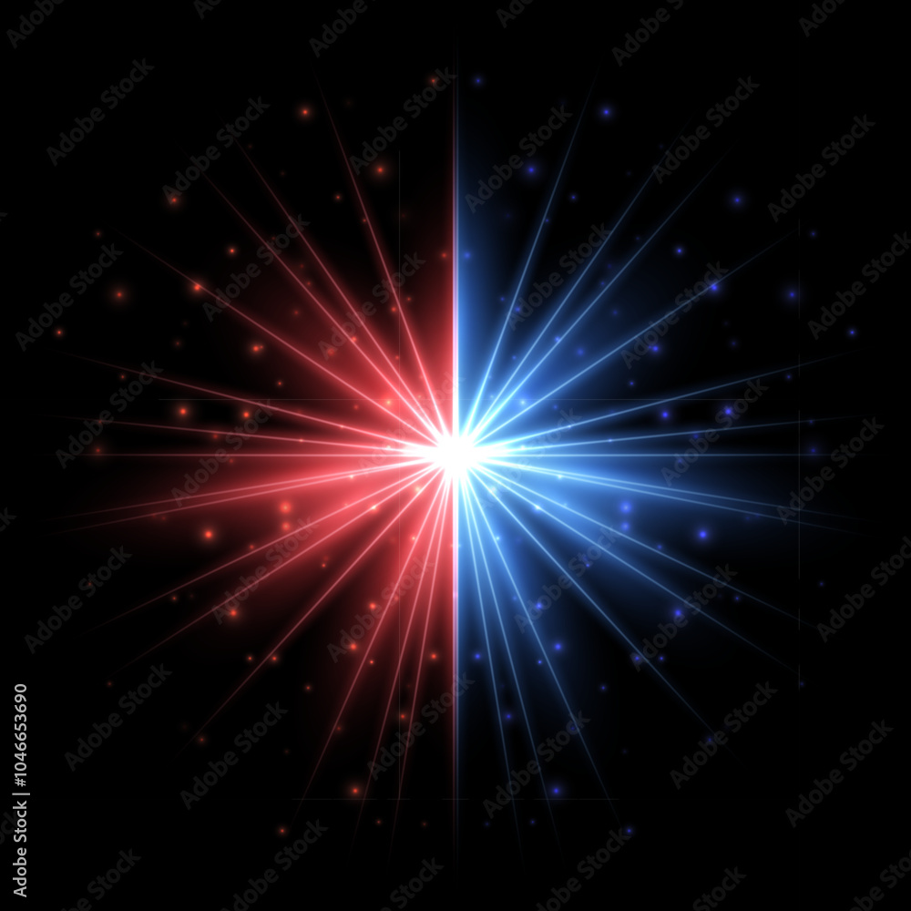 Aufkleber blue and red light flash effect with shine glow rays on black horizontal background. flare of light 