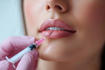 A woman is having a hyaluronic acid injection to enhance her lips and rejuvenate her skin, with a focus on the procedure. Generative AI