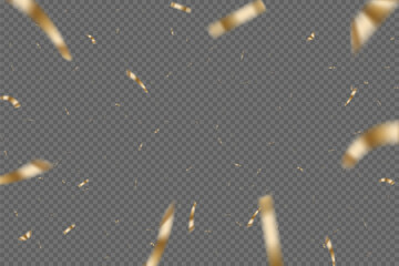 Gold confetti congratulations background. Golden ribbons and confetti party pattern on transparent background. Congratulations horizontal banner with copy space. Gift elegant vector illustration.