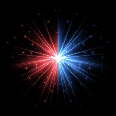 Fototapeta premium Blue and red light flash effect with shine glow rays on black horizontal background. Flare of light with beams in dark space. Bright spark shining vector illustration.