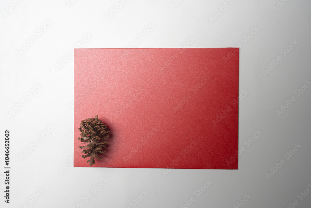 Poster top view of red envelope and postcard with pine cones on white background