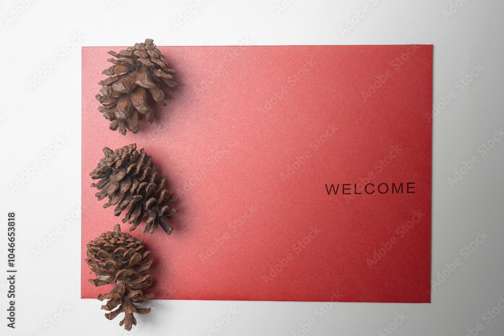 Aufkleber top view of red envelope and postcard with words welcome and pine cones on it. welcome greeting for 