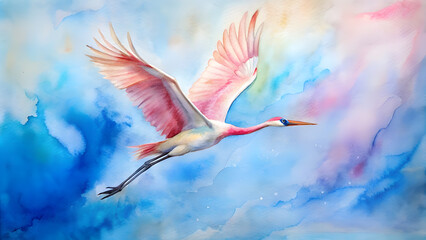 Fototapeta premium Watercolor Flying Crane in Blue Sky. Perfect for: Spring Festivals, Cultural Events
