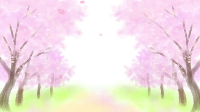 花びらが舞う桜並木の水彩アニメーション