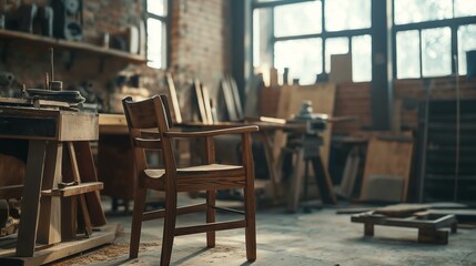 Craftsman restoring antique furniture in a workshop filled with tools and wood at mid-day