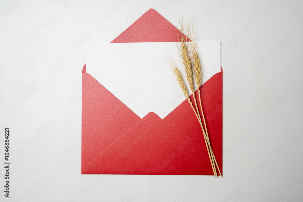 Poster top view of red envelope and postcard with empty blank white card and flowers on white background