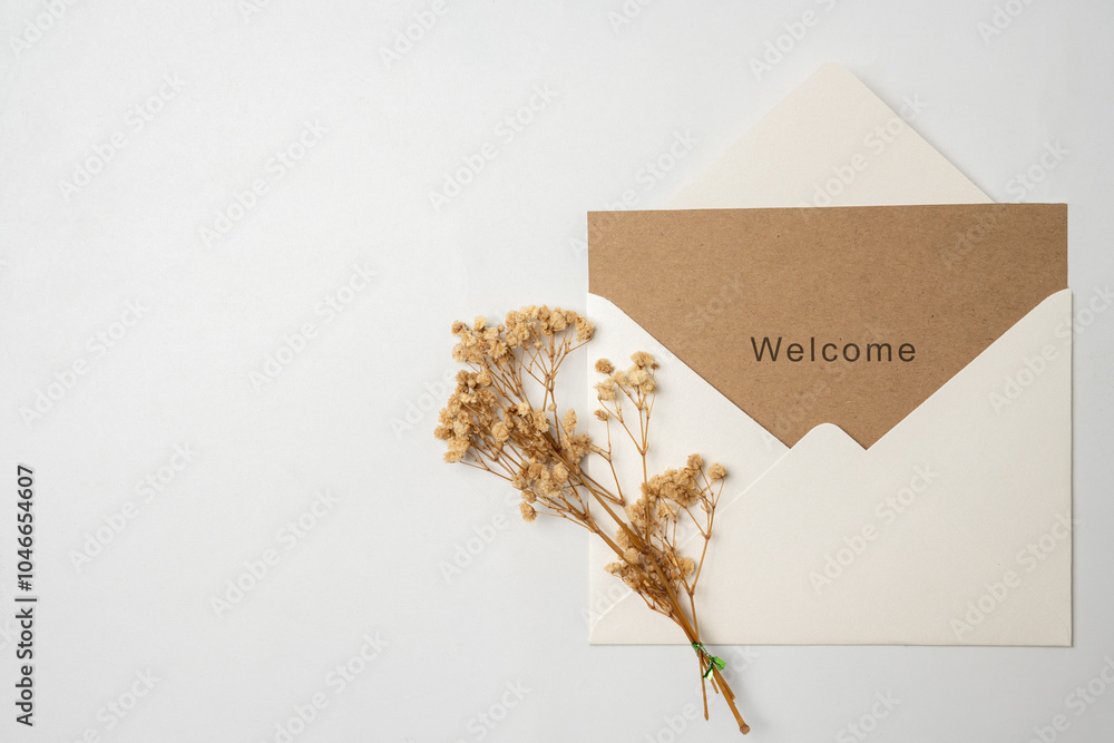 Poster top view of white envelope and postcard with brown card with words welcome and flowers on it. welcom