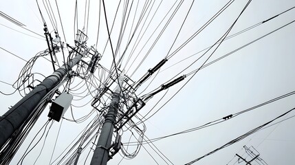Convergence of Abstract Utility Cables from Multiple Utility Poles in a Minimalist Geometric Perspective  Conceptual Backdrop of an Industrial Technology or Infrastructure Grid