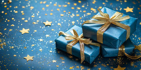 Christmas background with blue gift boxes. Generated AI