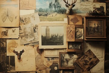 Vintage-inspired mood board with nostalgic elements and antique aesthetic for creative inspiration.