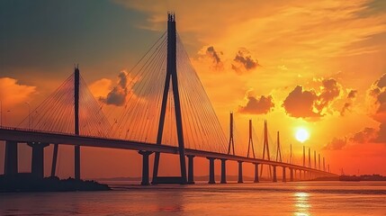 Obraz premium Dramatic silhouettes of multiple utility poles crossing a bridge set against a vibrant colorful sunset sky The industrial infrastructure contrasts with the serene natural landscape