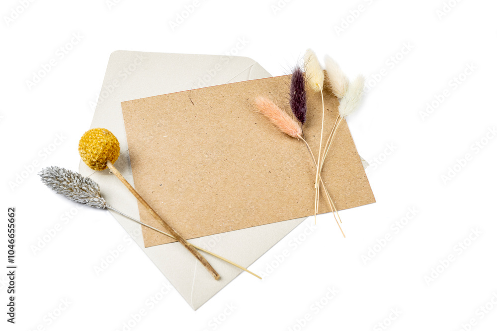 Poster top view of envelope and postcard with empty blank brown card and flowers on white background