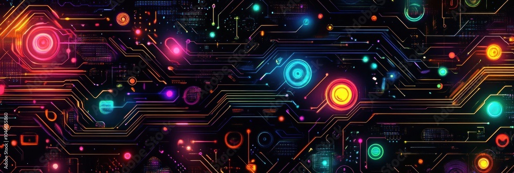 Aufkleber abstract glowing circuit board with colorful nodes and lines.