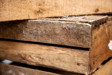Closeup view of pile wooden crate. Wooden pallet box