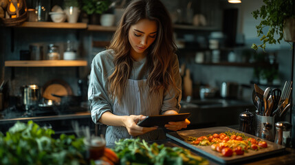 Woman cookie food while looking at recipe on her tablet in the kitchen