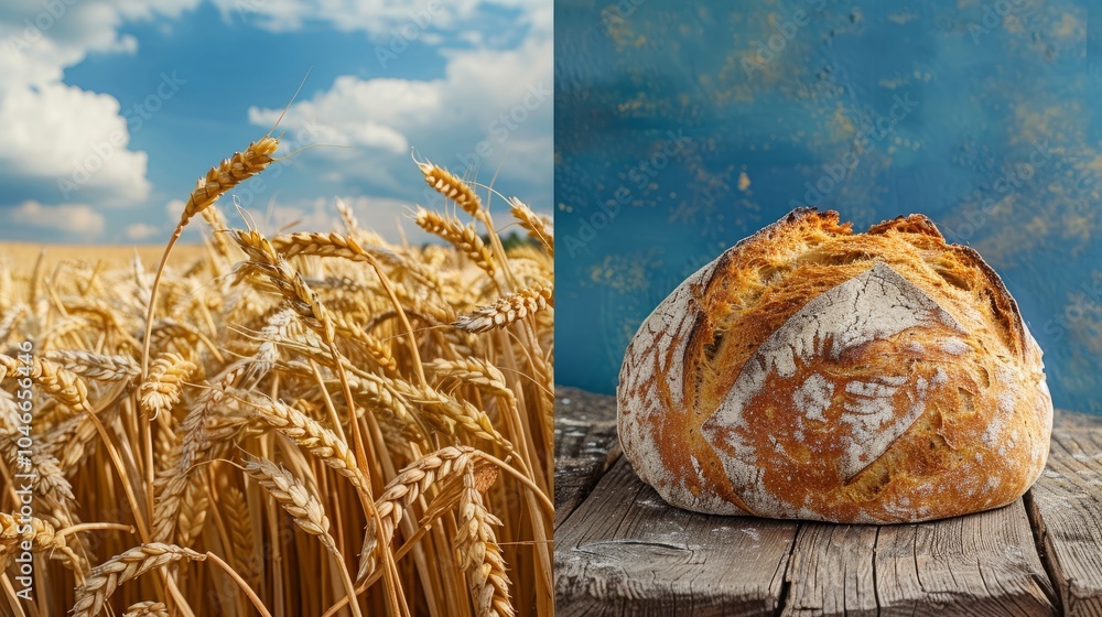 Poster a split image showcasing the journey from wheat field to a freshly baked loaf of bread. while a rust