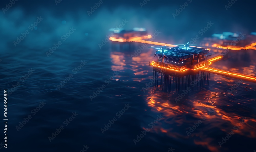 Poster Offshore Fuel Processing Platform Extracting Fossil Fuel with Robotic Drones and Glowing Pipelines