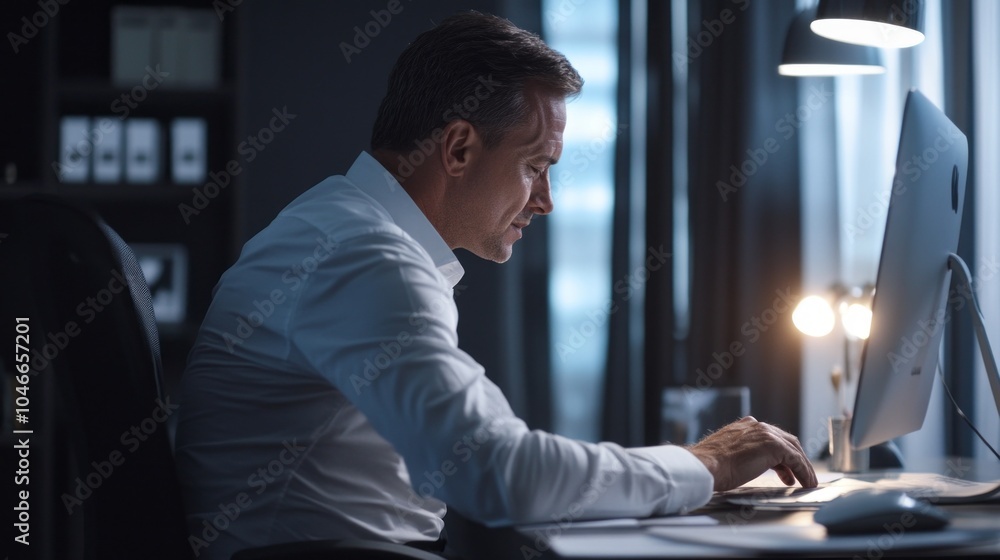 Poster A man is sitting at a desk with a computer monitor in front of him