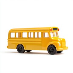 A bright yellow plastic toy school bus isolated against a white background, representing childhood, play, and education.